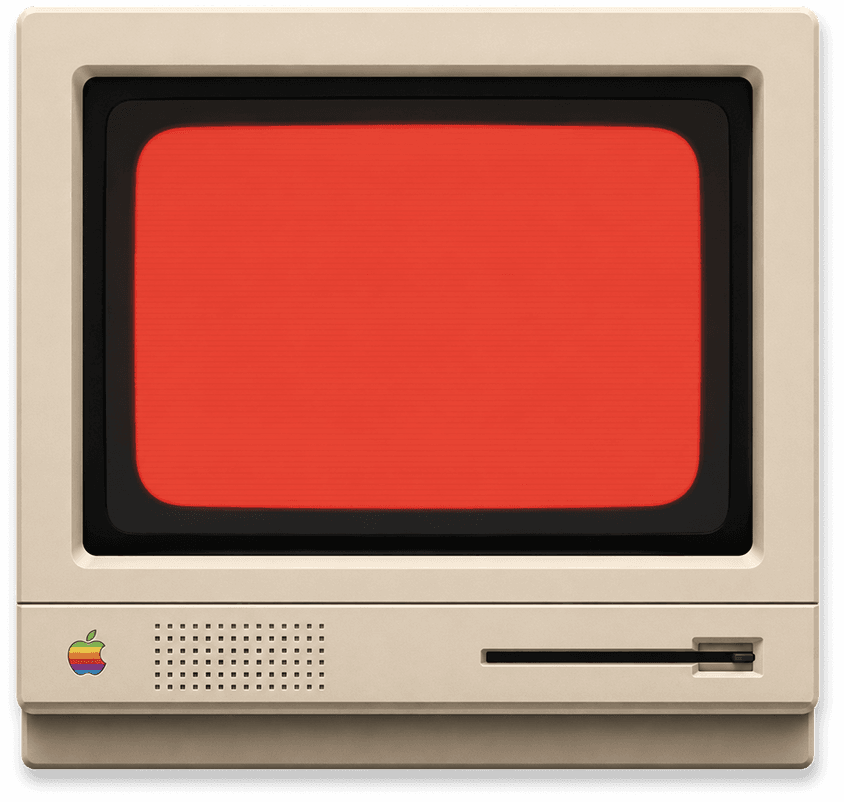 A cream-colored vintage computer television with a red screen